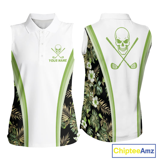 Custom Womens Sleeveless Golf Polo Shirts Funny Tropical Leaf Cross Skull Golf Clubs White Golf Shirt|Green NBT706