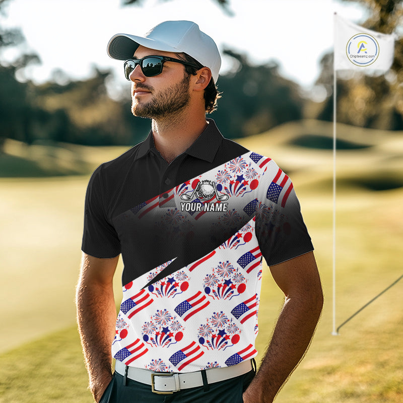 Patriotic USA mens golf polo shirt navy blue America 250th Anniversary front view