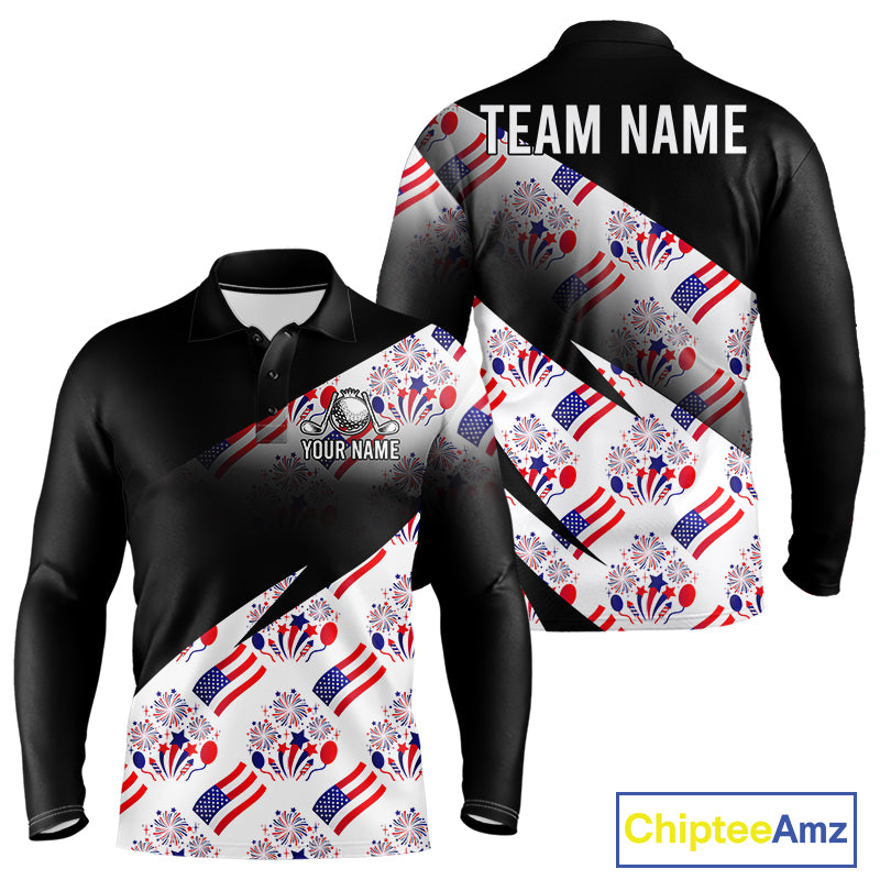 Front and back view of America 250th Anniversary mens long sleeve golf polo shirt with patriotic USA flag design with personalized name