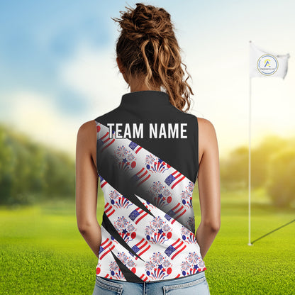 Woman wearing an America 250th Anniversary womens sleeveless golf polo shirt and 'Team Name' text on the back, standing on a golf course.