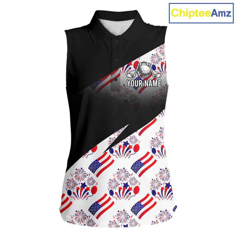 Front view of America 250th Anniversary womens sleeveless golf polo shirt with patriotic USA flag design with custom name on the chest 