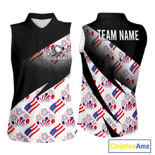 Load image into Gallery viewer, Front and back view of America 250th Anniversary womens sleeveless golf polo shirt with patriotic USA flag design with personalized name 