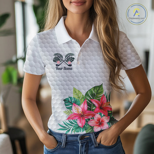 Golf Polo Shirts For Women Funny Flamingo Golf Ball Pattern Custom Name, Golf Gifts NBT566