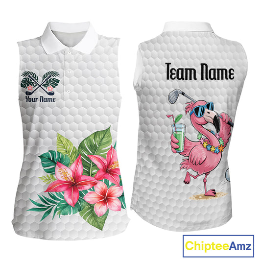 Sleeveless Golf Polo Shirts For Women Funny Flamingo Golf Ball Pattern Custom Name, Golf Gifts NBT566