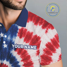 Load image into Gallery viewer, Closse-up fabric of Tie-dye polo shirt with red, white, and blue pattern