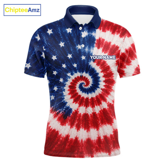 Front view of American flag tie dye mens golf polo shirt with custom name on the chest