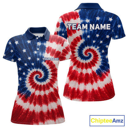 Front and back view of American flag tie dye womens golf polo shirt with personalized name