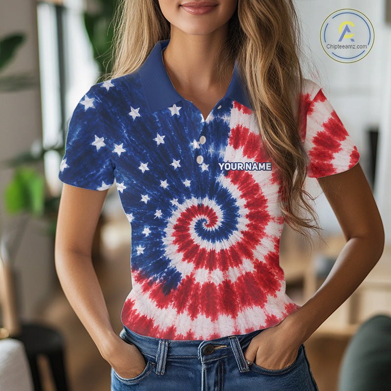 Woman wearing American flag tie dye womens golf polo shirt front view with custom name on the chest