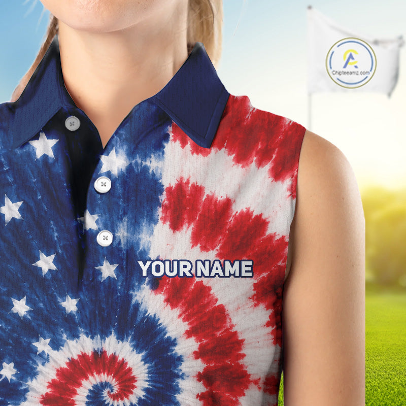 Close-up of American flag tie dye graphic on womens sleeveless golf polo