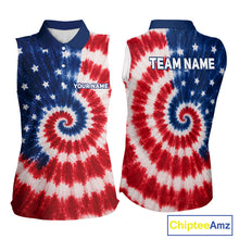 Load image into Gallery viewer, Front and back view of American flag tie dye womens sleeveless golf polo shirt with personalized name