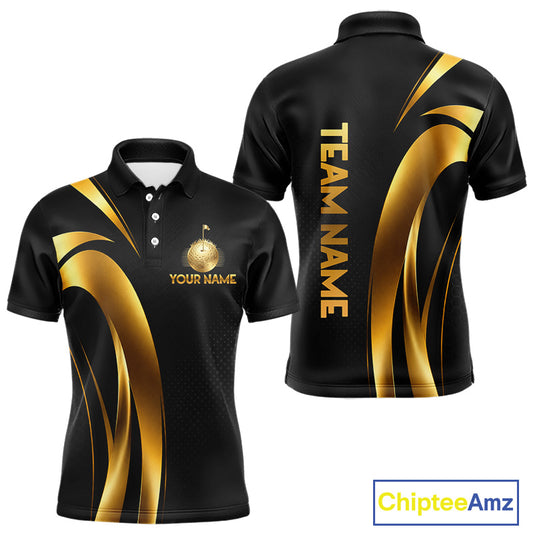 Front and back view of Black and Gold mens golf polo shirt with custom golf clubs design with personalized name