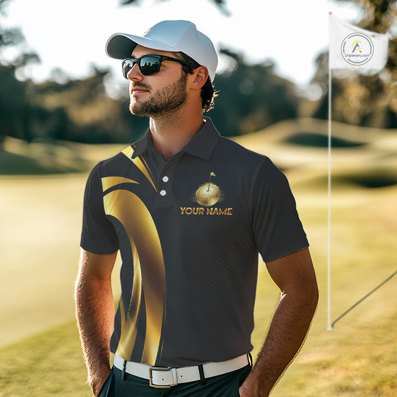 Man wearing a personalized black and golf golf pattern golf shirt on a golf course with custom name on the chest