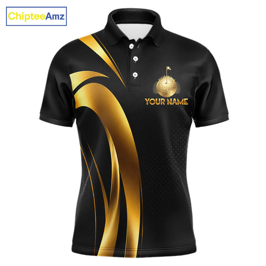 Front view of Black and Gold mens golf polo shirt with custom golf clubs design