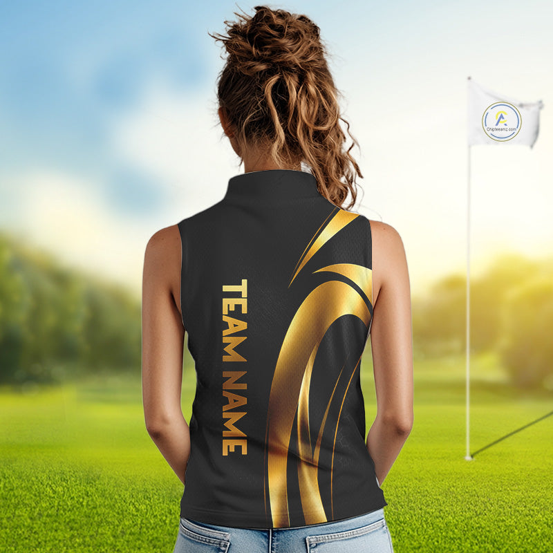 Woman wearing a Black and Gold womens  sleeveless golf polo shirt and 'Team Name' text on the back, standing on a golf course.