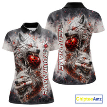 Load image into Gallery viewer, Front and back view of custom black and gray wolf bowling polo shirt for women