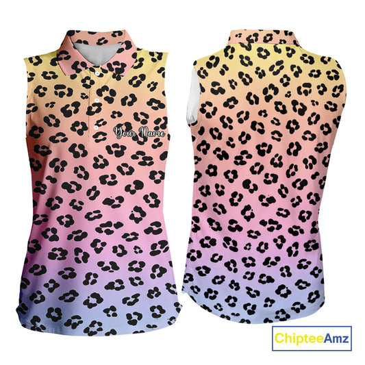 Womens Sleeveless Golf Polo Shirts Custom Colorful Neon Gradient Leopard Pattern Team Womens Golf Top, Golf Gifts NBT493
