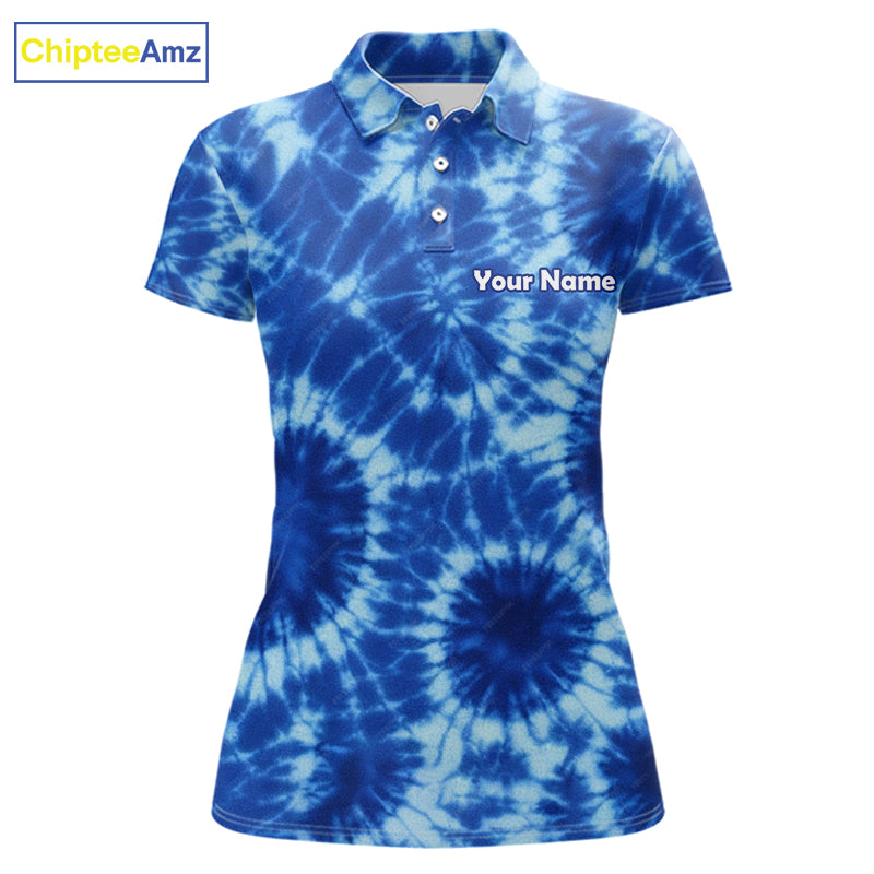 Womens Golf Polo Shirts Blue Tie Dye Background Custom Name Golf Shirt, Golf Gifts NBT569