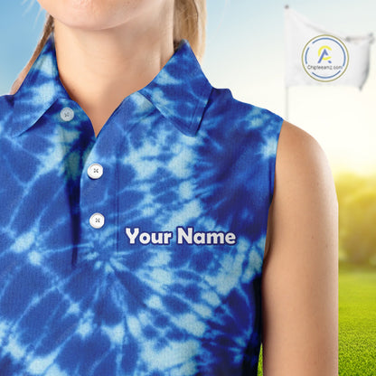 Womens Sleeveless Golf Polo Shirts Blue Tie Dye Background Custom Name Golf Shirt, Golf Gifts NBT569