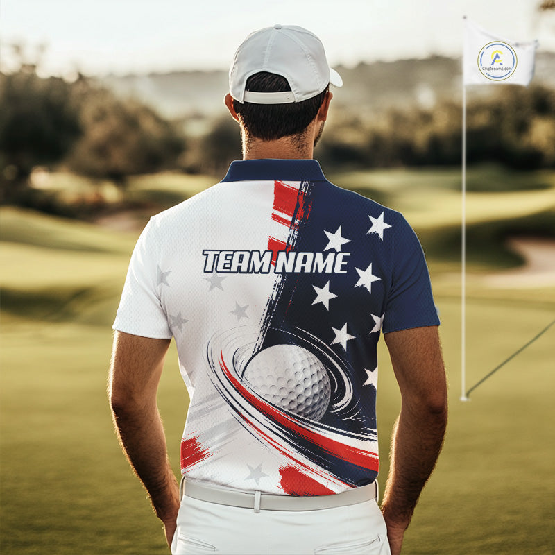 Man wearing a personalized white golf polo men shirt custom team name with American flag 4th July polo shirt on a golf course