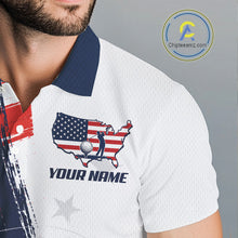 Load image into Gallery viewer, Close-up of American flag 4th July graphic on mens white golf polo shirt with custom name on the chest