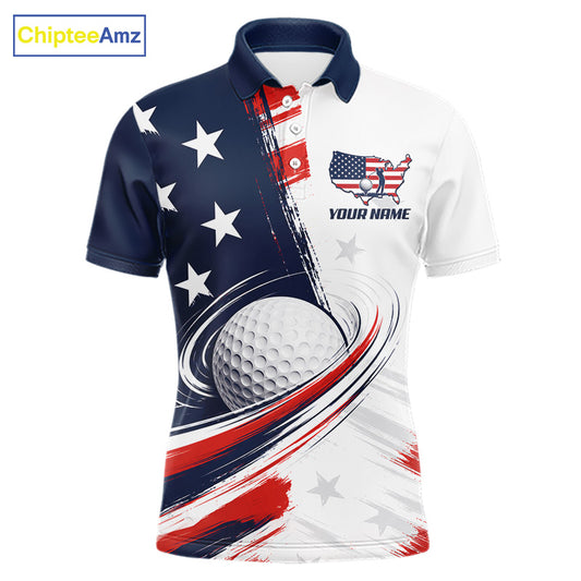 Front view of personalized white golf polo men shirt with American flag 4th July