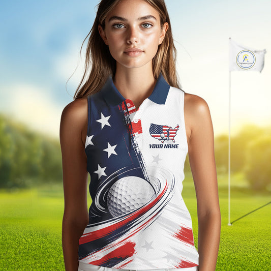 Woman wearing custom white golf polo with USA flag on golf course