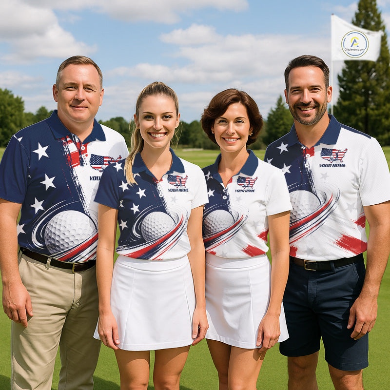 Four people in matching American flag 4th July graphic on mens white golf polo shirt on a golf course 