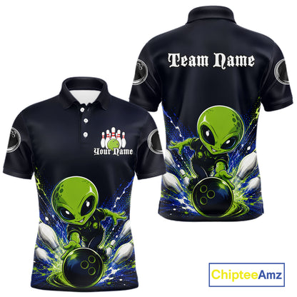 Funny Blue Alien Bowling Polo & 1/4 Zip Shirt For Men Custom Bowling Team Outfit, Gift For Bowler NBT970