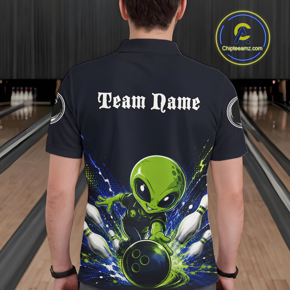 Funny Blue Alien Bowling Polo & 1/4 Zip Shirt For Men Custom Bowling Team Outfit, Gift For Bowler NBT970