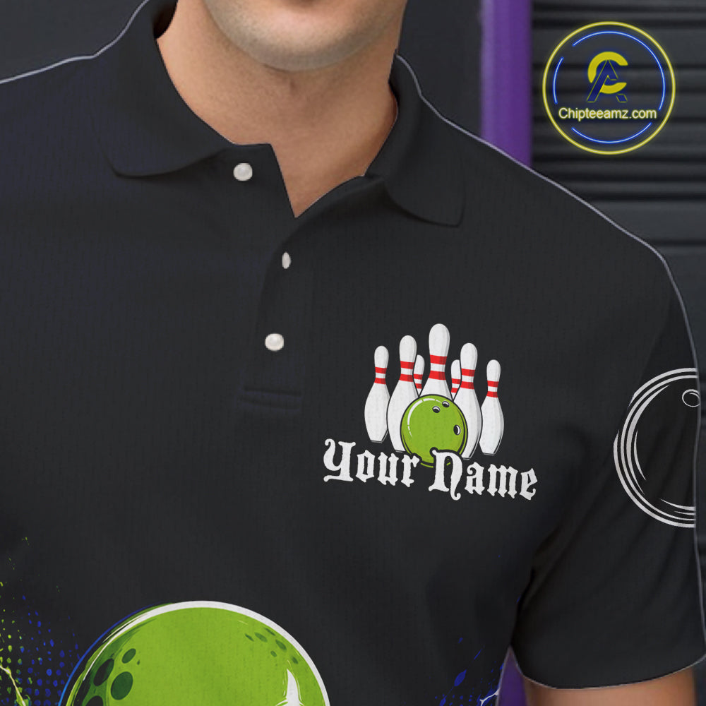 Funny Blue Alien Bowling Polo & 1/4 Zip Shirt For Men Custom Bowling Team Outfit, Gift For Bowler NBT970