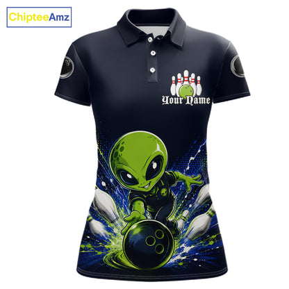 Funny Blue Alien Bowling Polo & 1/4 Zip Shirt For Women Custom Bowling Team Outfit, Gift For Bowler NBT970