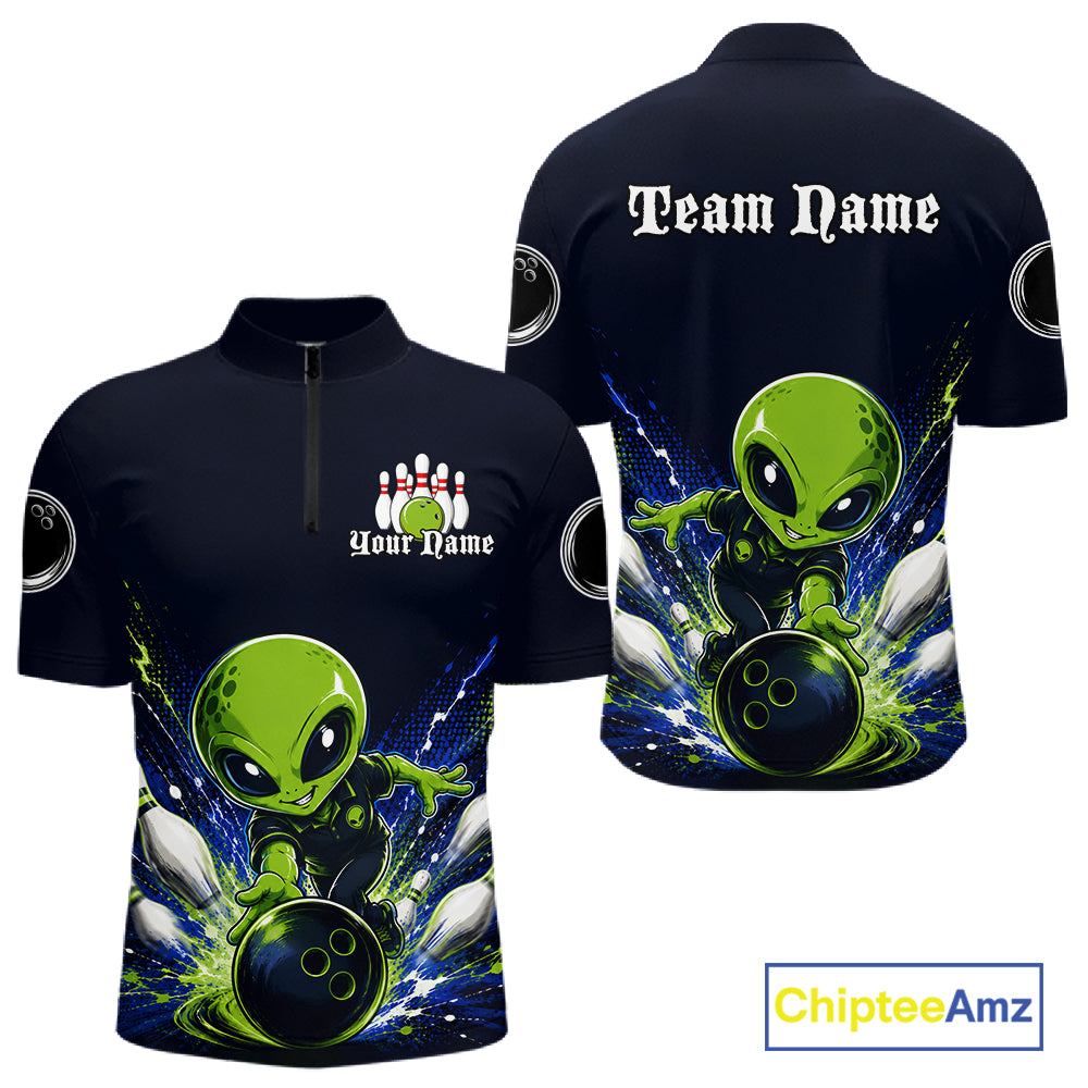 Funny Blue Alien Bowling Polo & 1/4 Zip Shirt For Men Custom Bowling Team Outfit, Gift For Bowler NBT970