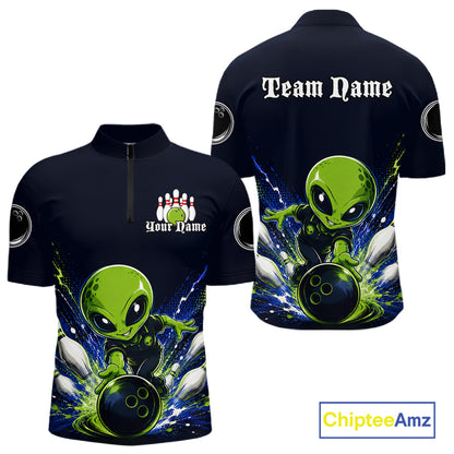 Funny Blue Alien Bowling Polo & 1/4 Zip Shirt For Men Custom Bowling Team Outfit, Gift For Bowler NBT970