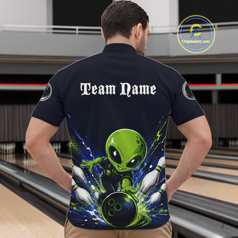 Funny Blue Alien Bowling Polo & 1/4 Zip Shirt For Men Custom Bowling Team Outfit, Gift For Bowler NBT970