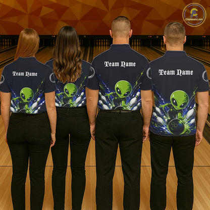 Funny Blue Alien Bowling Polo & 1/4 Zip Shirt For Men Custom Bowling Team Outfit, Gift For Bowler NBT970