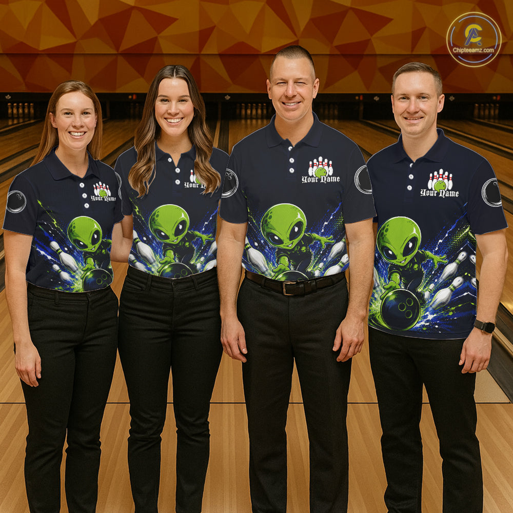 Funny Blue Alien Bowling Polo & 1/4 Zip Shirt For Men Custom Bowling Team Outfit, Gift For Bowler NBT970