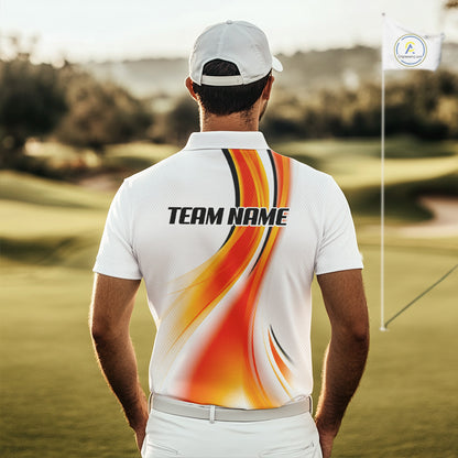 Man wearing Orange White Womens Golf Polo Shirt Custom Team Name Back View