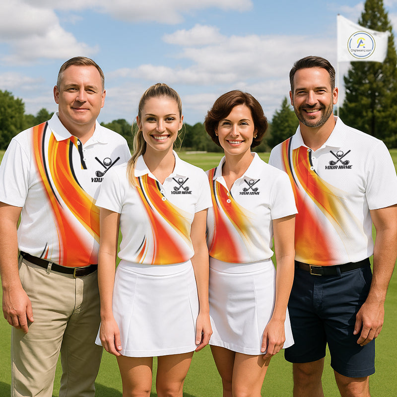 Team wearing Orange White Womens Golf Polo Shirt Custom Team Name Team Golf Shirt