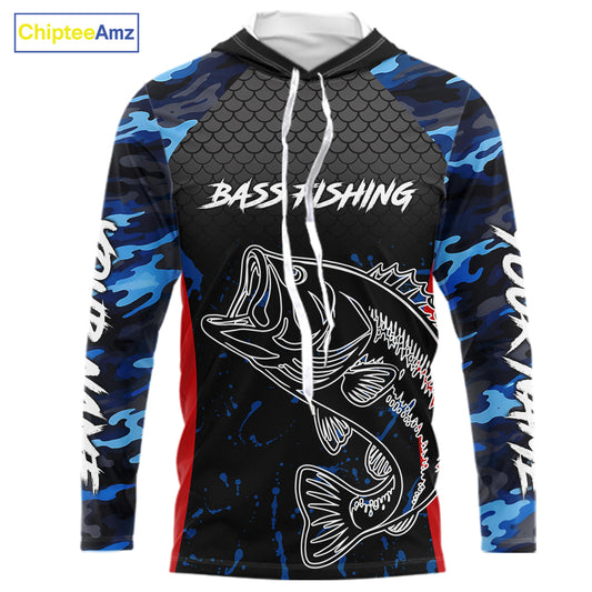 Bass Fishing Hooded Long Sleeve Shirts Blue Camouflage Fish Scale Tournament Bass Fishing Shirts NBT363