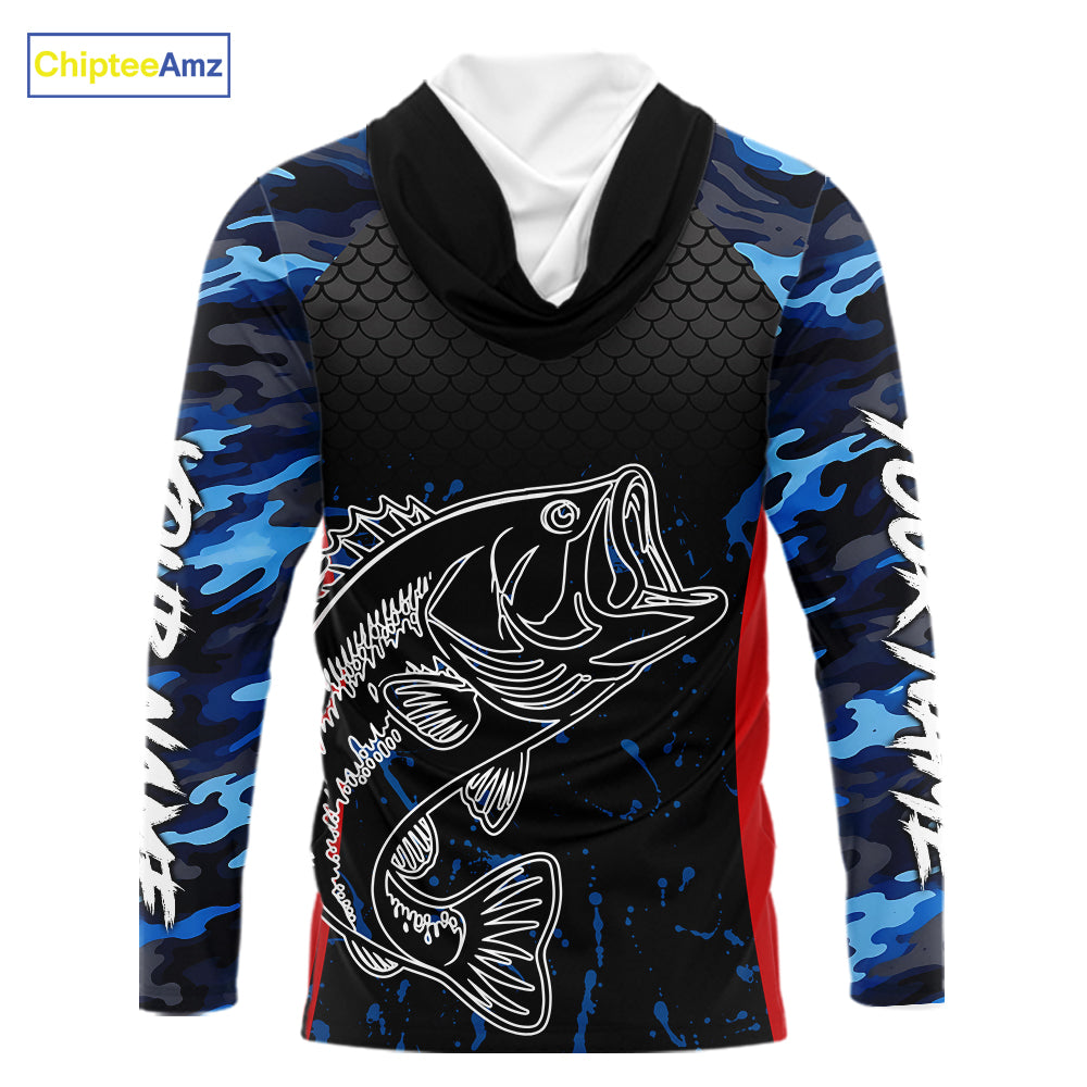 Bass Fishing Hooded Long Sleeve Shirts Blue Camouflage Fish Scale Tournament Bass Fishing Shirts NBT363