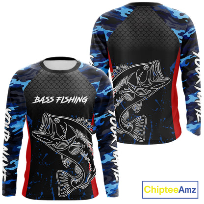 Bass Fishing Shirts Long Sleeve Blue Camouflage Fish Scale Custom Name Tournament Bass Fishing Shirts NBT363