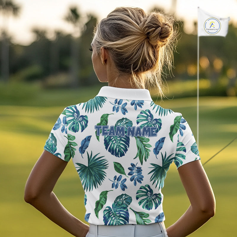Funny Womens Golf Polo Shirt Tropical Pattern Custom Name Shark Playing Golf Shirt Funny Golf Apparel NBT715