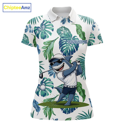 Funny Womens Golf Polo Shirt Tropical Pattern Custom Name Shark Playing Golf Shirt Funny Golf Apparel NBT715