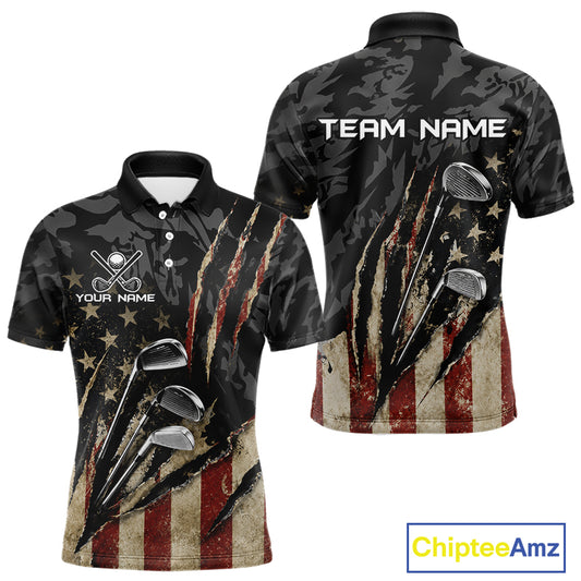 American Flag Golf Clubs Camo Mens Polo Shirt Back View Custom Name & Team Name