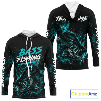 Personalized Bass Fishing Jerseys, Custom Neon Camo Bass Fishing Shirts Long Sleeve Hooded For Men NBT899