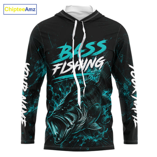 Personalized Bass Fishing Jerseys, Custom Neon Camo Bass Fishing Shirts Long Sleeve Hooded For Men NBT899