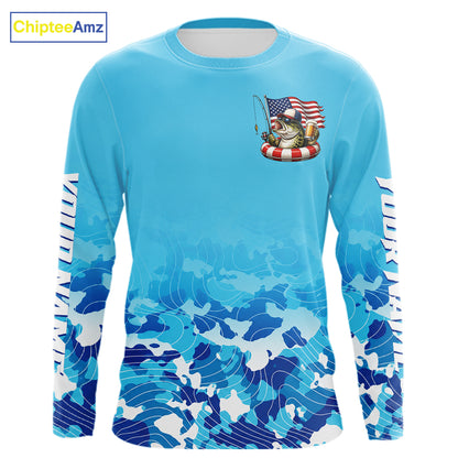 Blue Camouflage Bass Fishing American Flag Fishing Shirts Long Sleeve, Custom Patriotic Bass Shirt NBT977