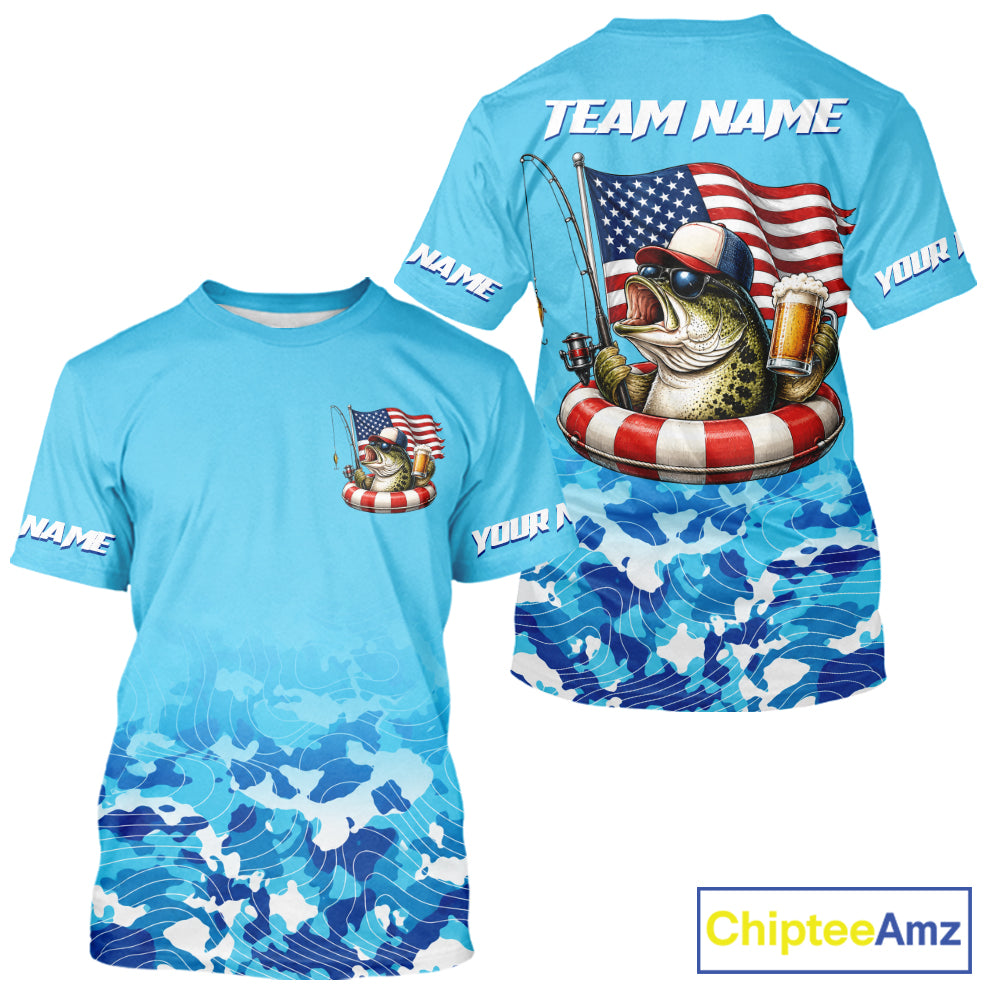 Blue Camouflage Bass Fishing American Flag Fishing T-Shirts, Custom Patriotic Bass Shirt NBT977