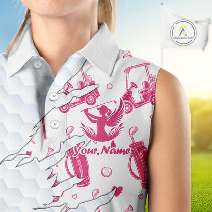 Women Sleeveless Golf Polo Shirt Custom Name Funny Golf Bag Cart Pattern Shirt, Golf Gifts For Ladies NBT825