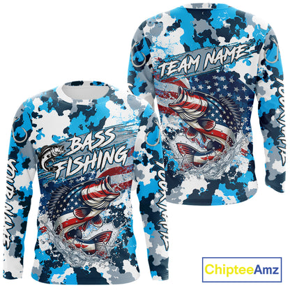 Blue Camouflage Bass Fishing American Flag Fishing Shirt Long Sleeve, Custom Bass Fishing Shirt NBT978